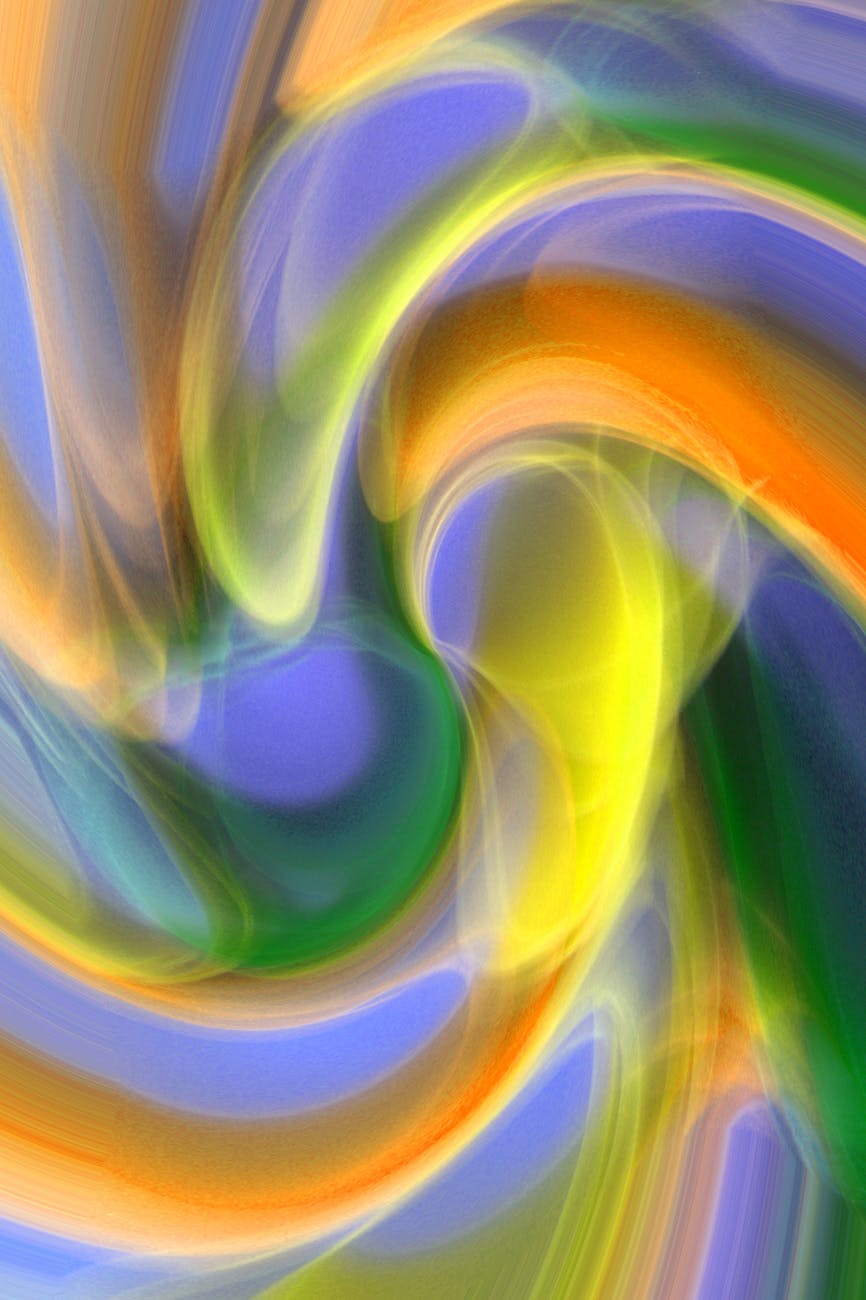 Dynamic abstract art with swirls of purple, orange, yellow, and green hues creating a vibrant and energetic composition.