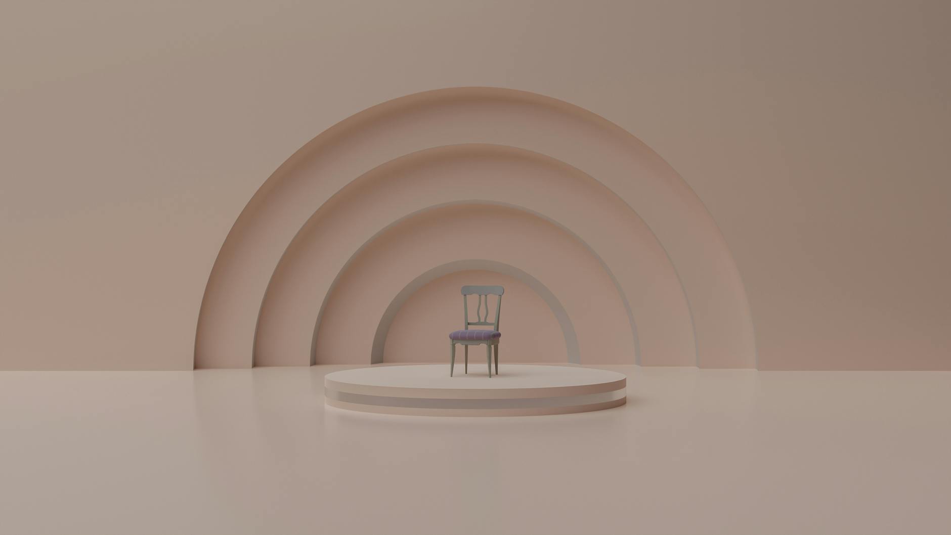 A solitary chair on a round platform in a minimalist, abstract room with arch designs.