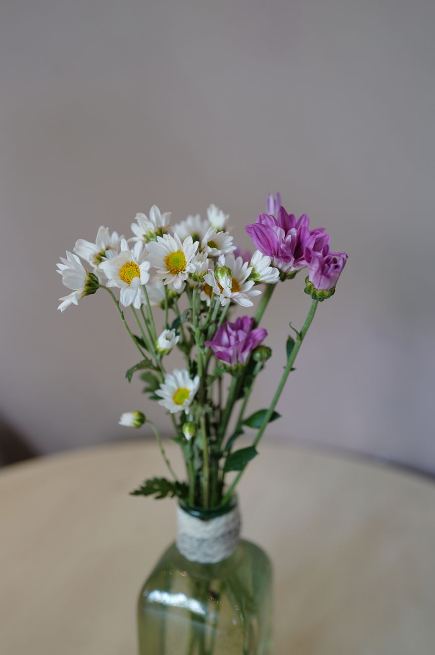A charming bouquet of daisies and purple flowers displayed in a green glass vase on table.
