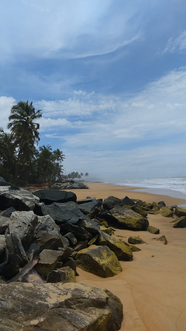 Scenic view of a tropical beach with rocky shoreline and palm trees under a vibrant blue sky.