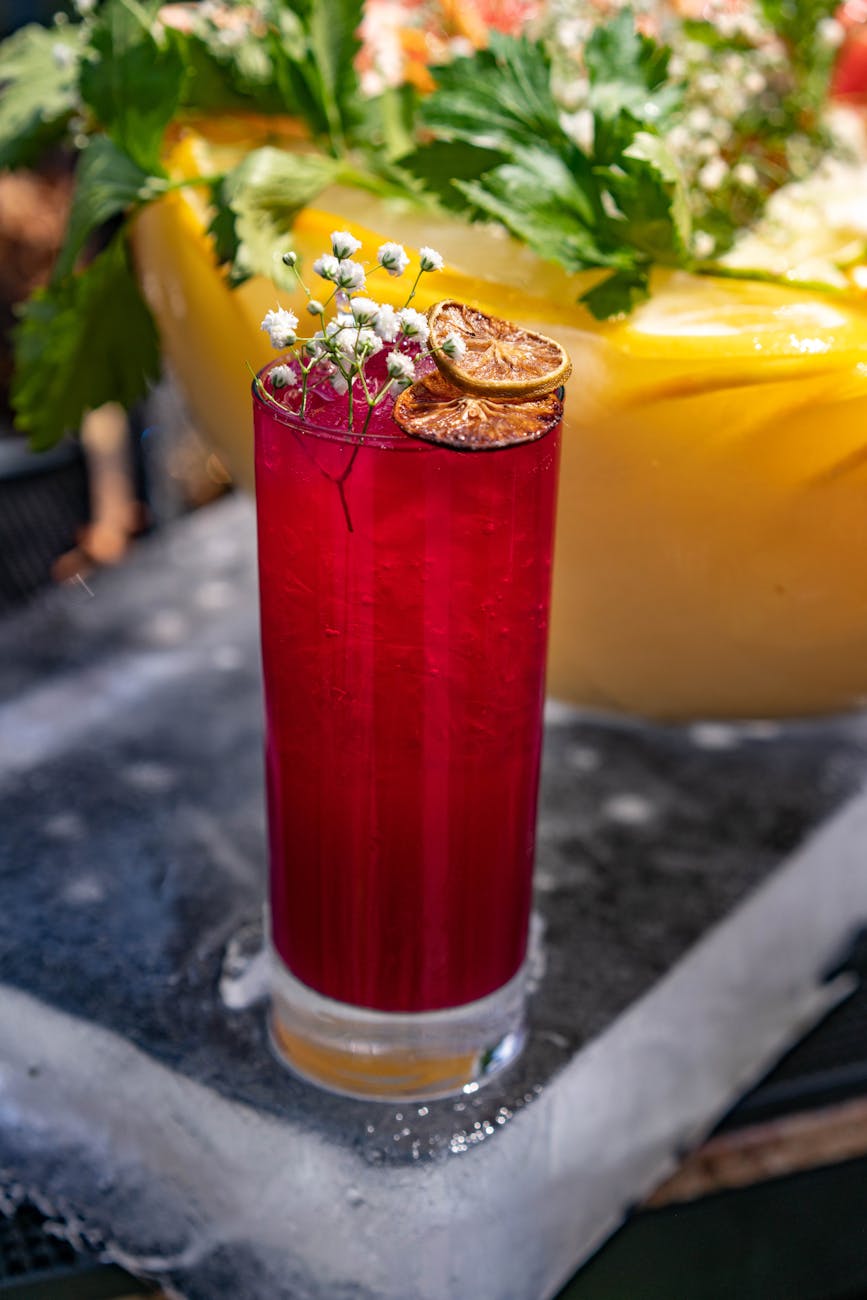 Bright red cocktail with dried citrus and floral garnish, perfect for summer refreshment.