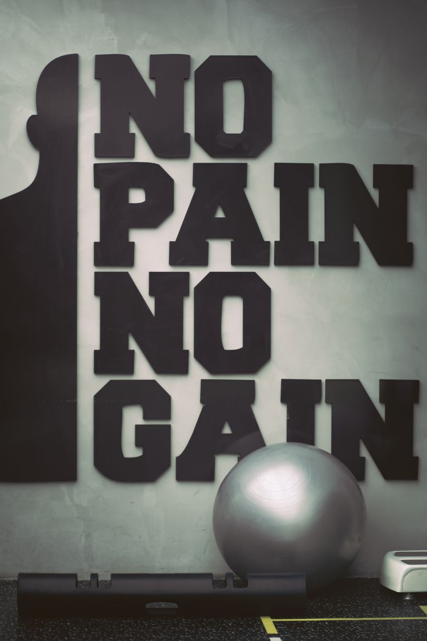 Inspiring gym setting featuring 'No Pain No Gain' wall art with exercise ball and equipment.