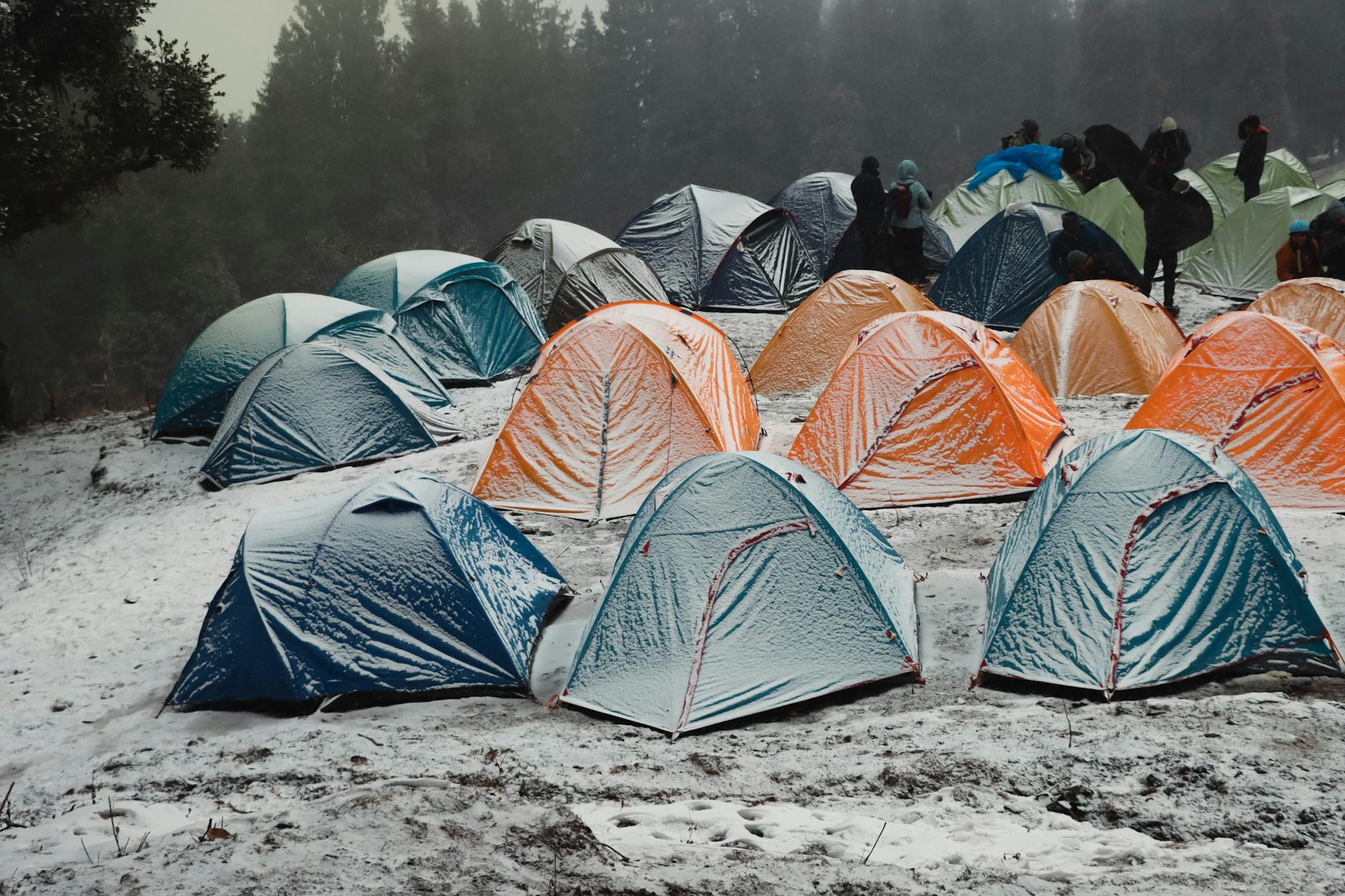 A vibrant campsite with colorful tents in a snowy forest in Singtur Range, India, capturing the essence of winter camping.