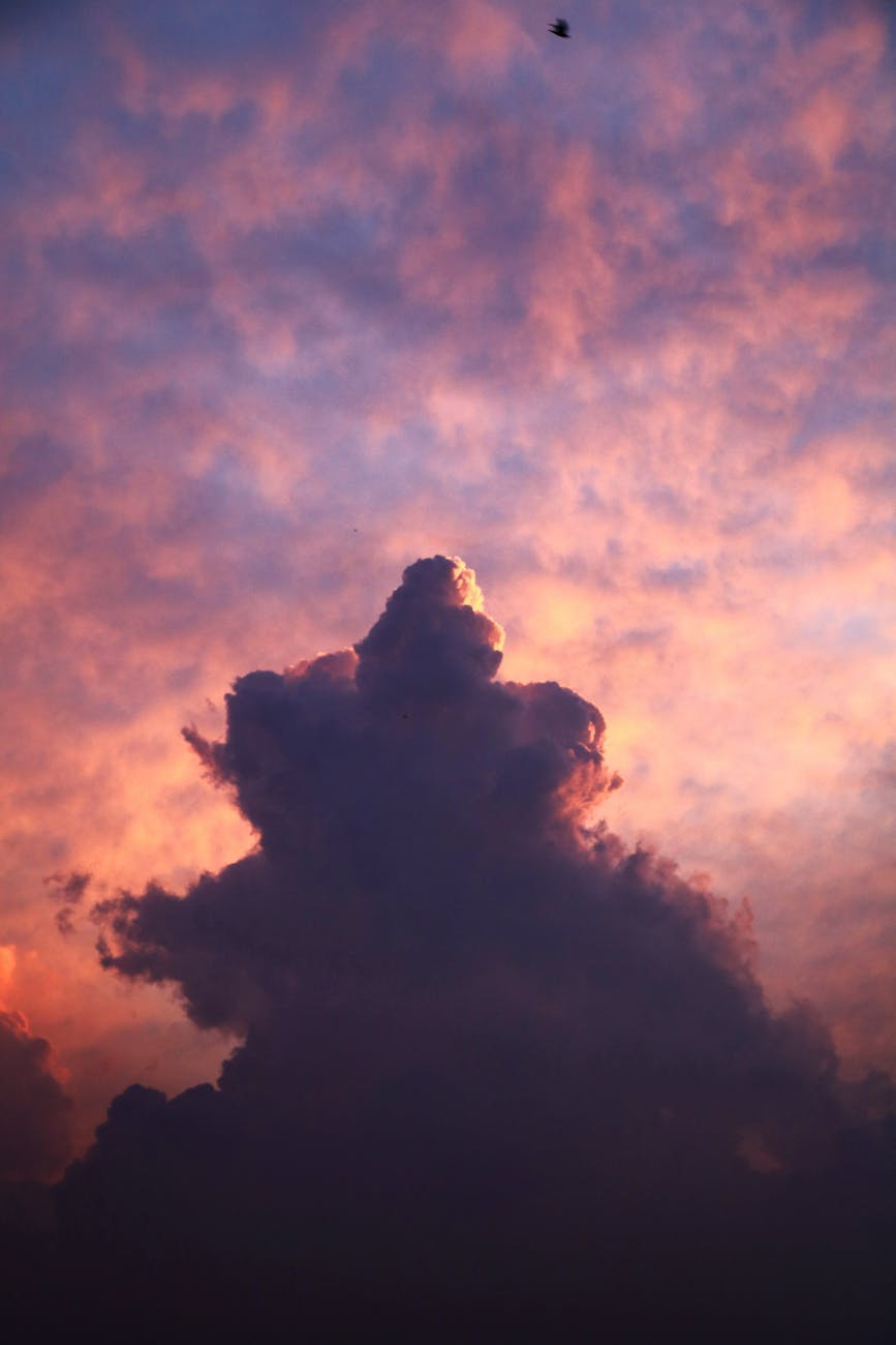 A stunning view of a dramatic cloud formation during twilight, showcasing vibrant and warm hues of a summer sky.