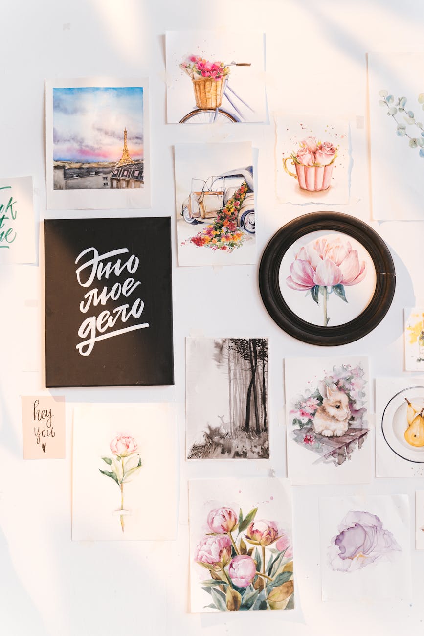 A beautiful collection of floral wall art and calligraphy displayed elegantly.