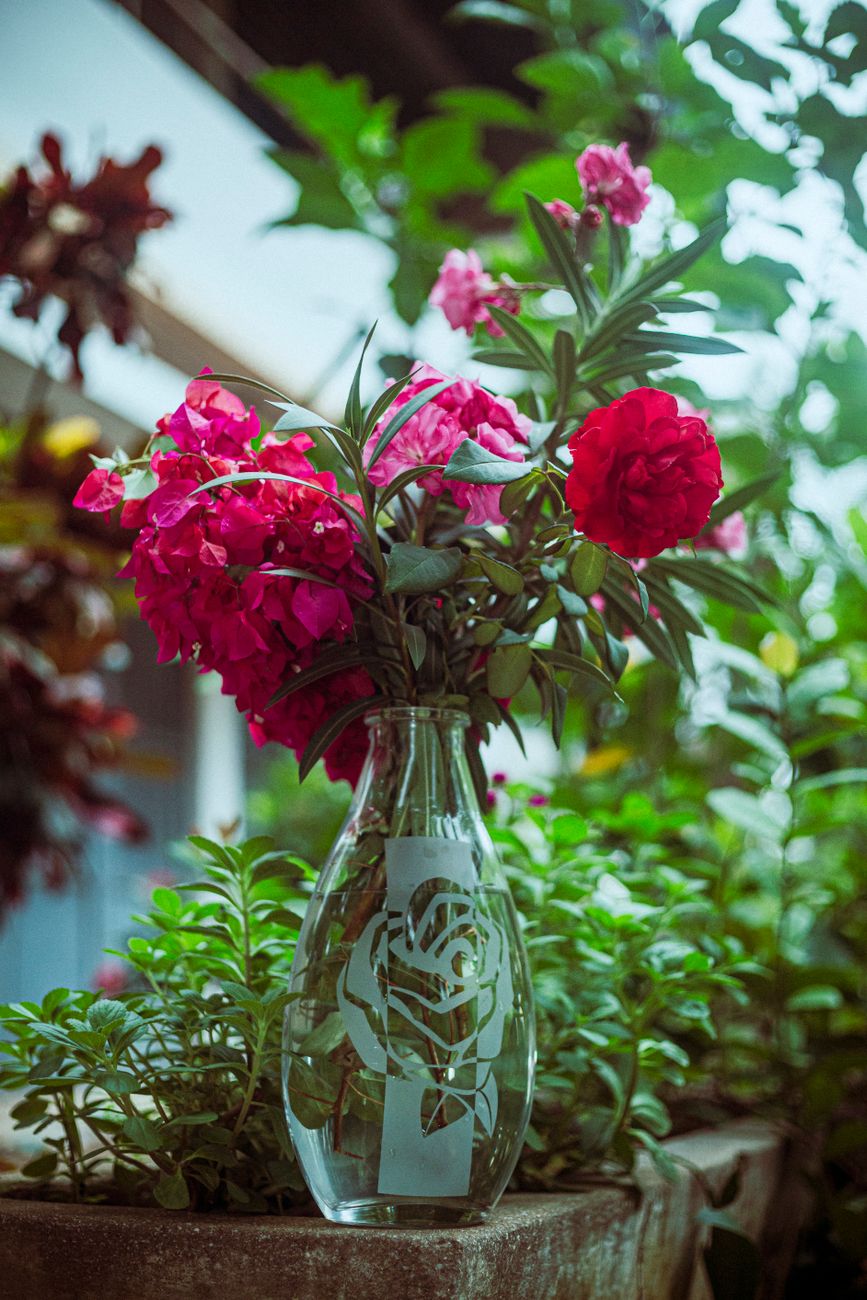 A beautiful bouquet of red blooms in a decorative glass vase amidst lush garden greenery.