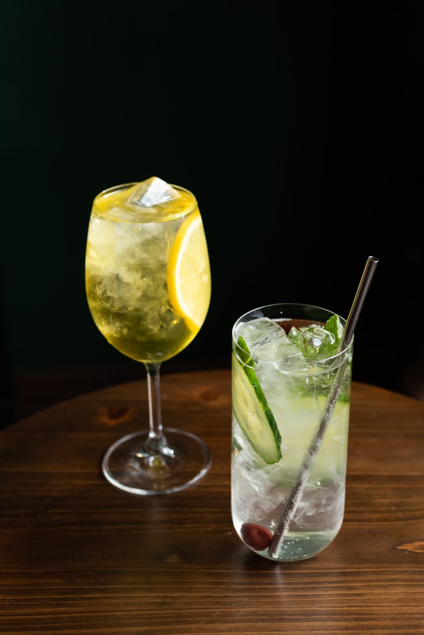 Close-up of two chilled cocktails with lemon and cucumber garnishes on a wooden table.