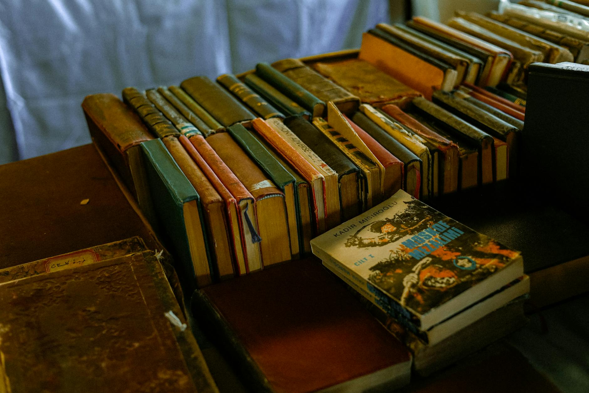 A collection of vintage hardcover and paperback books organized on a wooden table.