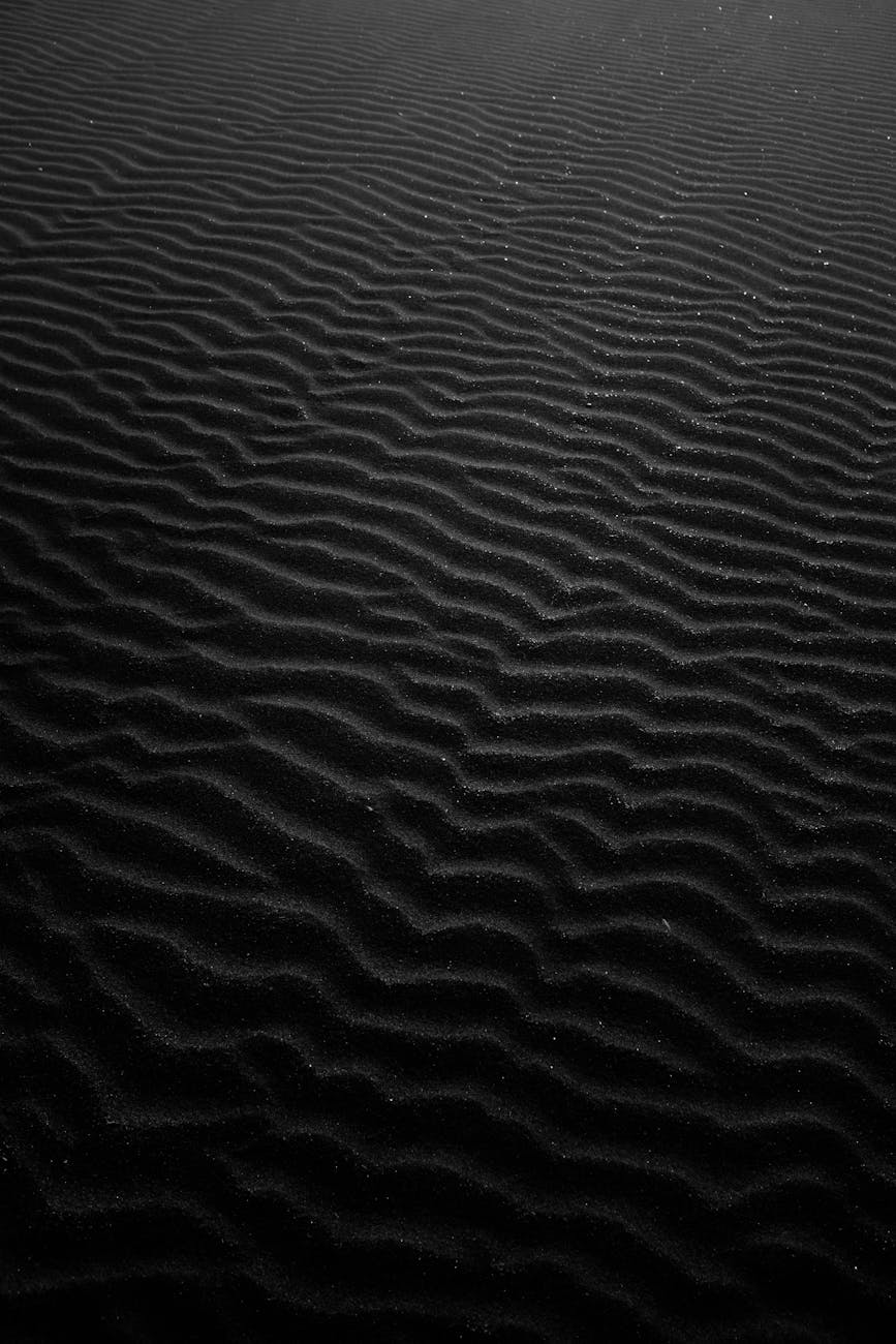 Abstract monochromatic image displaying intricate rippling patterns on black sand.