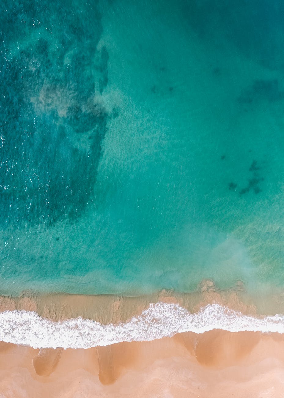 A stunning aerial shot of a beautiful beach in Dambulla, Sri Lanka with clear waters.