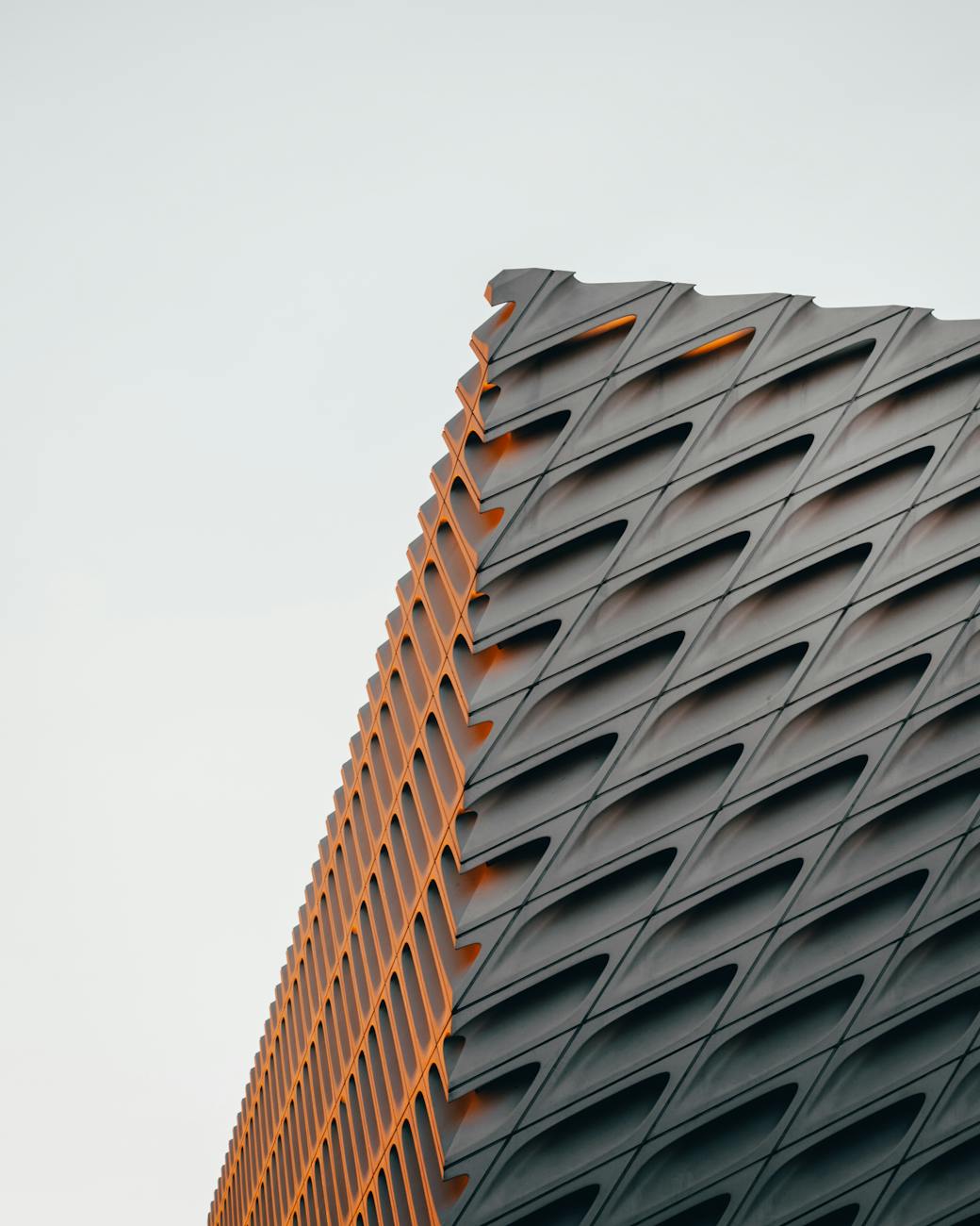 Close-up of contemporary building with geometric design in Los Angeles, CA.