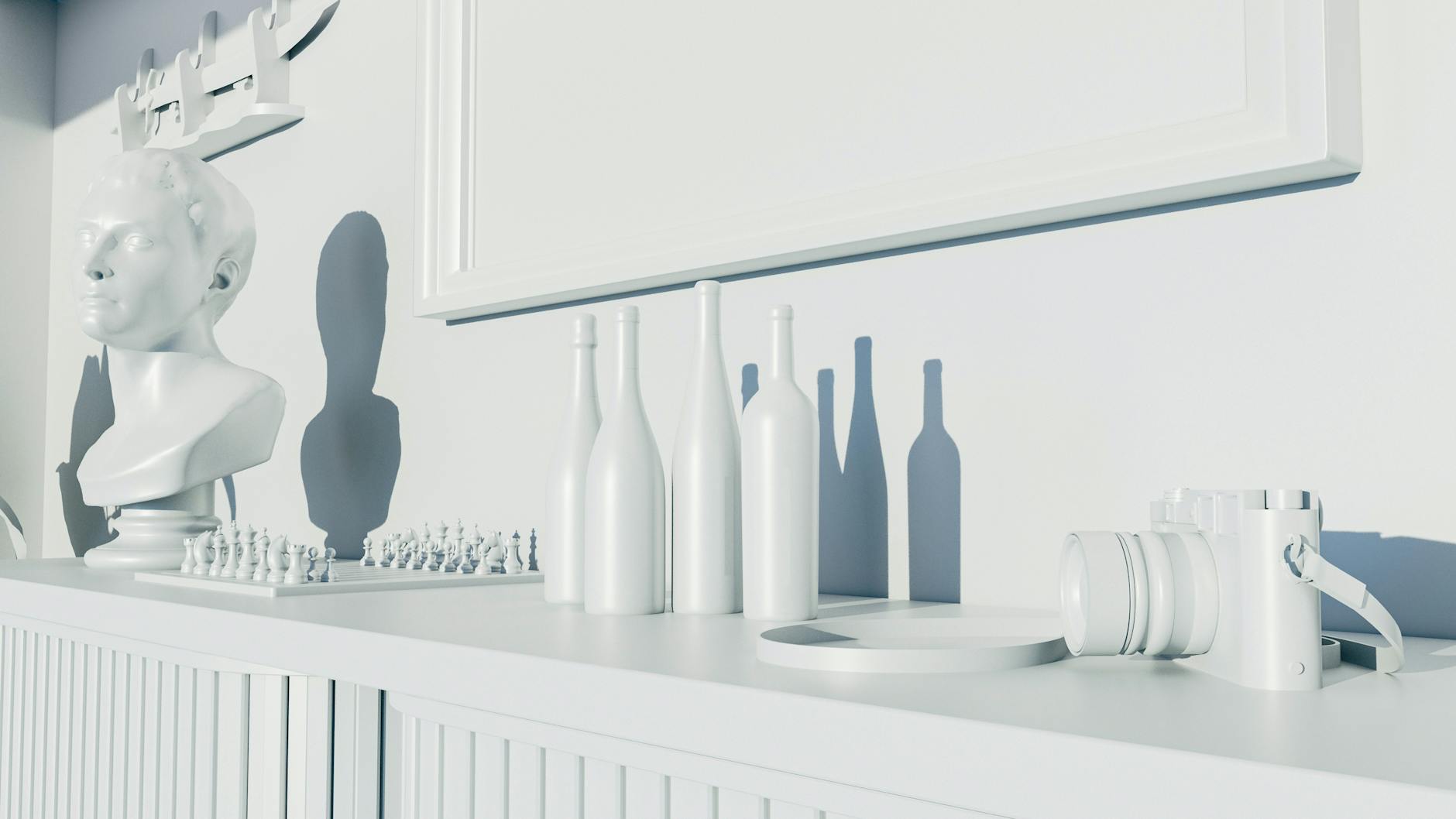 Elegant monochrome setup of bust, bottles, camera, and chess pieces in artistic lighting.