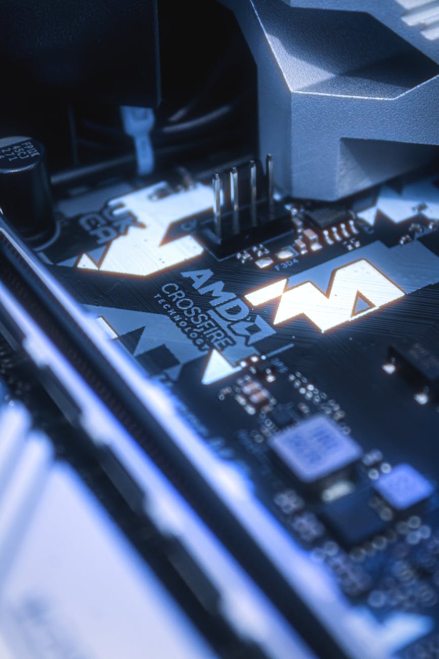 Detailed view of AMD CrossFireX technology on a motherboard, showcasing modern computing hardware.