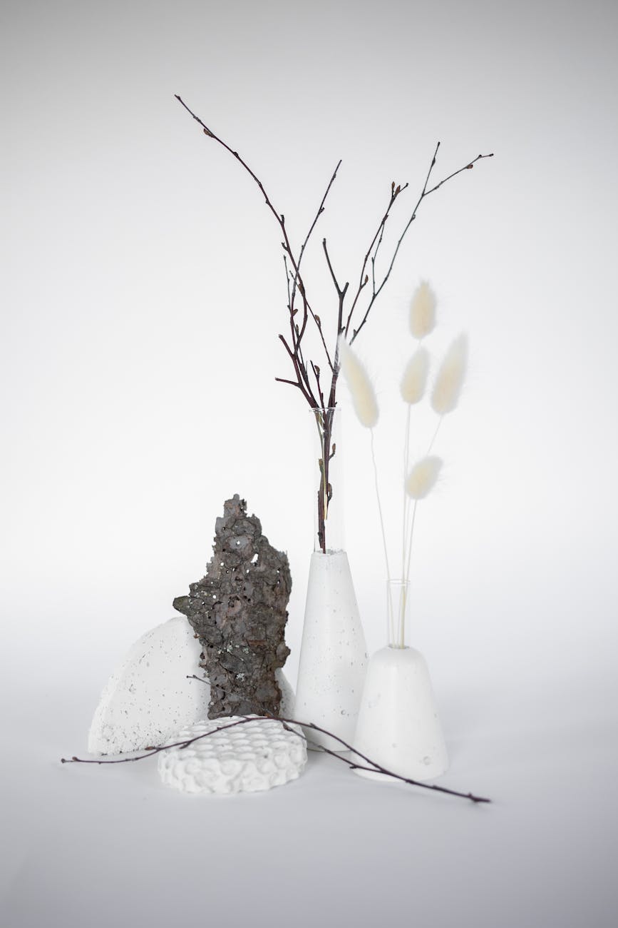 A minimalist arrangement of ceramic vases with white flowers on a white background.