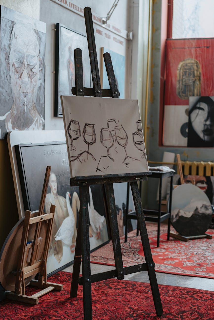 Explore the intricate details of a painter's studio with a canvas on an easel.