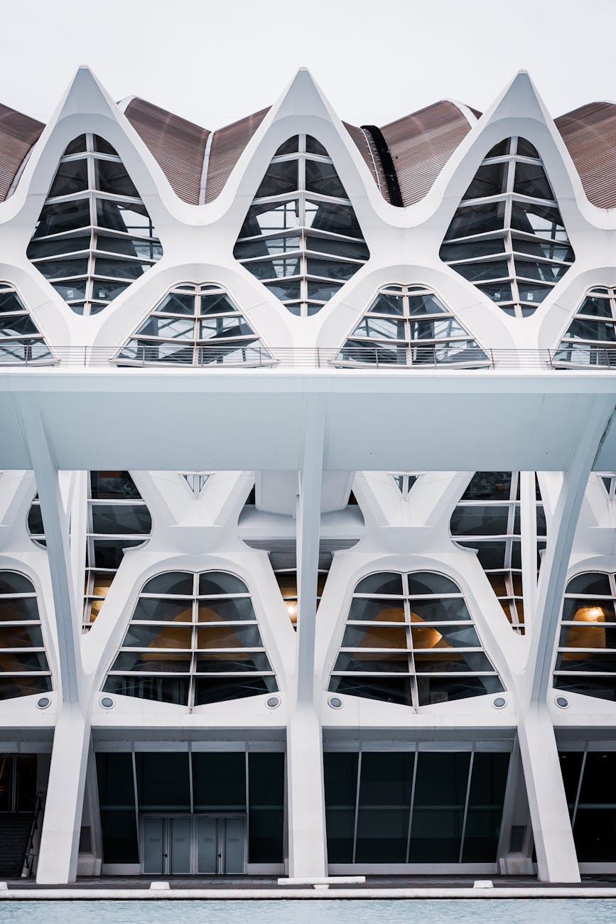 Close-up of a futuristic building with geometric patterns in Valencia, Spain.