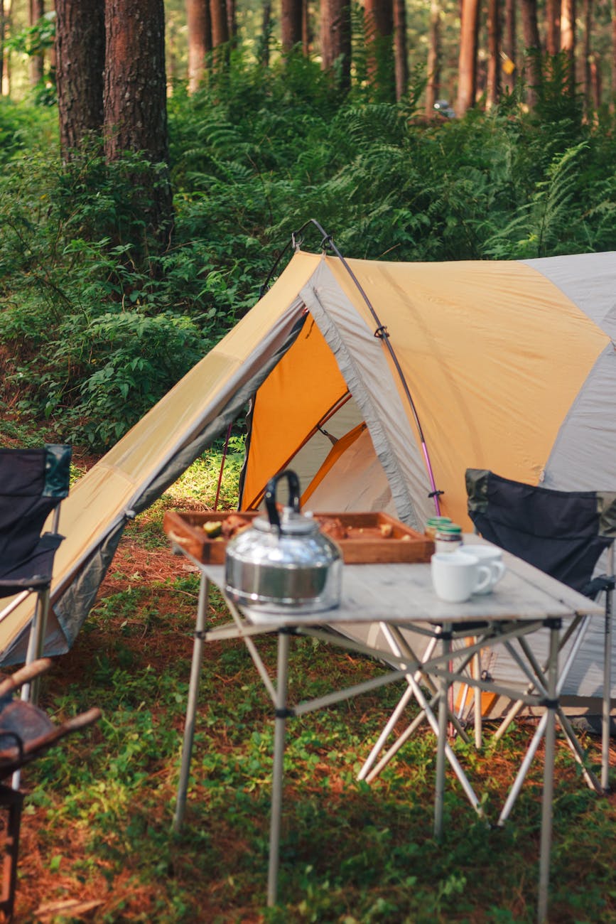 Cozy camping scene with tent, chairs, and table in a lush forest. Ideal for outdoor adventure enthusiasts.