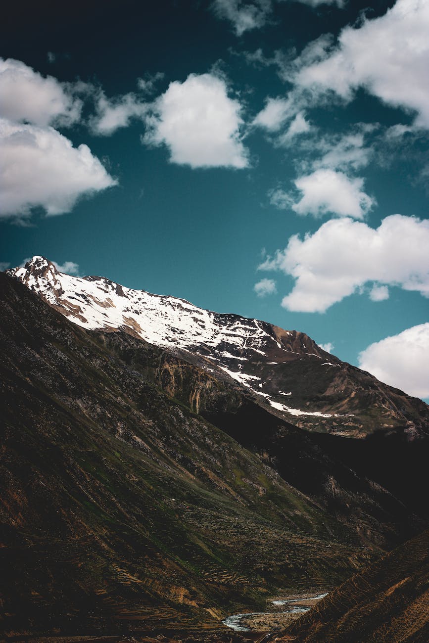 Breathtaking view of a snow-capped mountain under a clear sky with clouds.