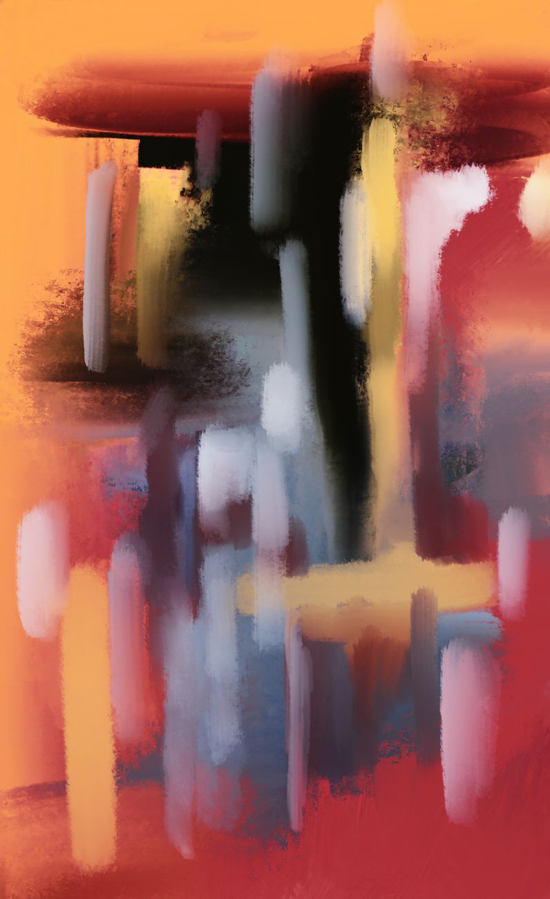Dynamic abstract expressionist artwork with bold strokes and vibrant colors.
