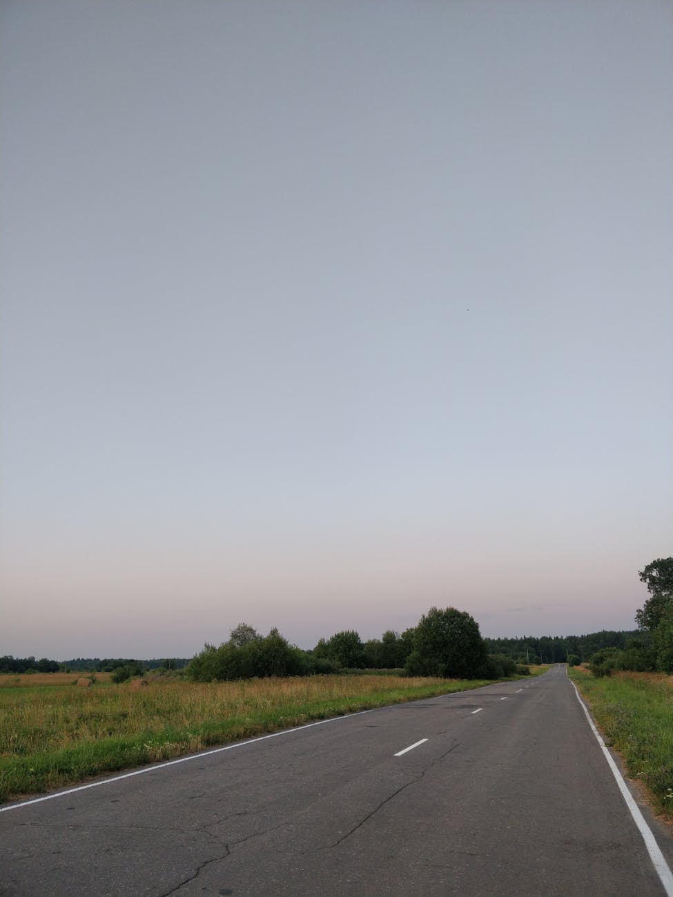 A serene empty road extending into a lush green field under a pastel evening sky in rural Russia.