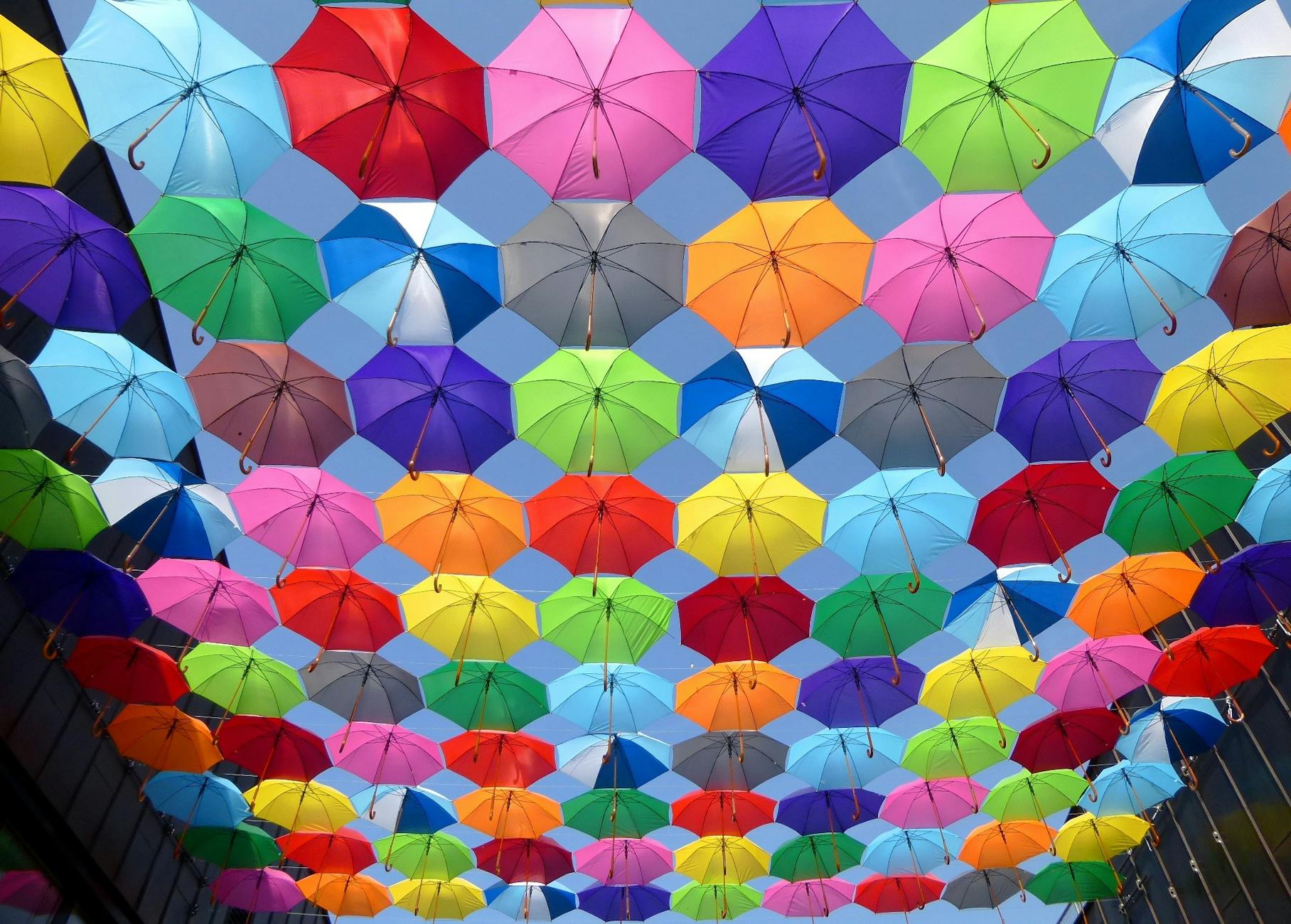Bright and colorful arrangement of umbrellas creating a vibrant canopy.