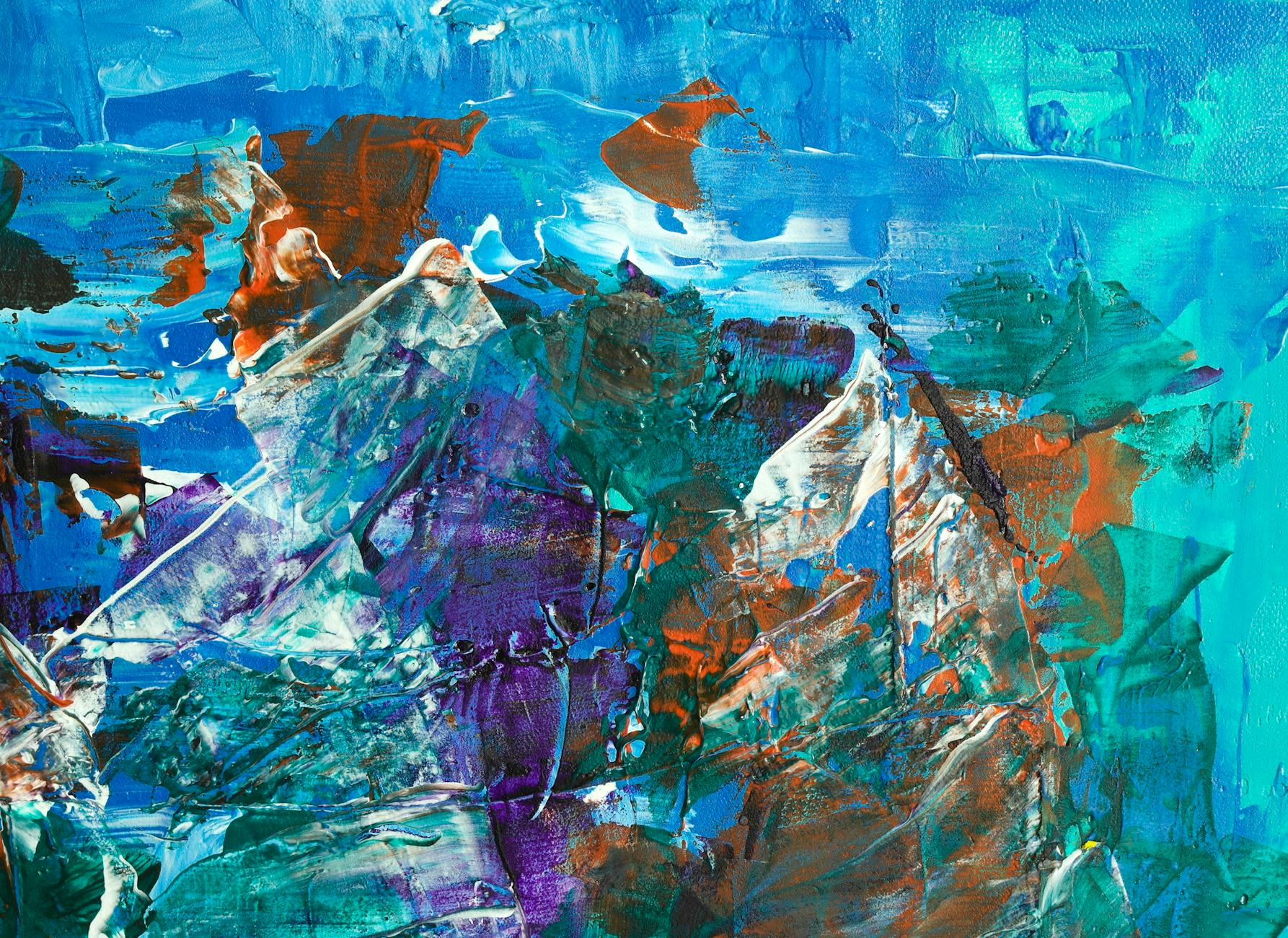 Colorful abstract painting with bold blues, greens, and oranges.
